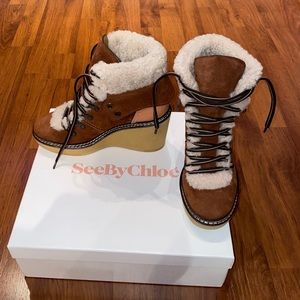 See By Chloe Brown Ankle Boots with Cream Accents